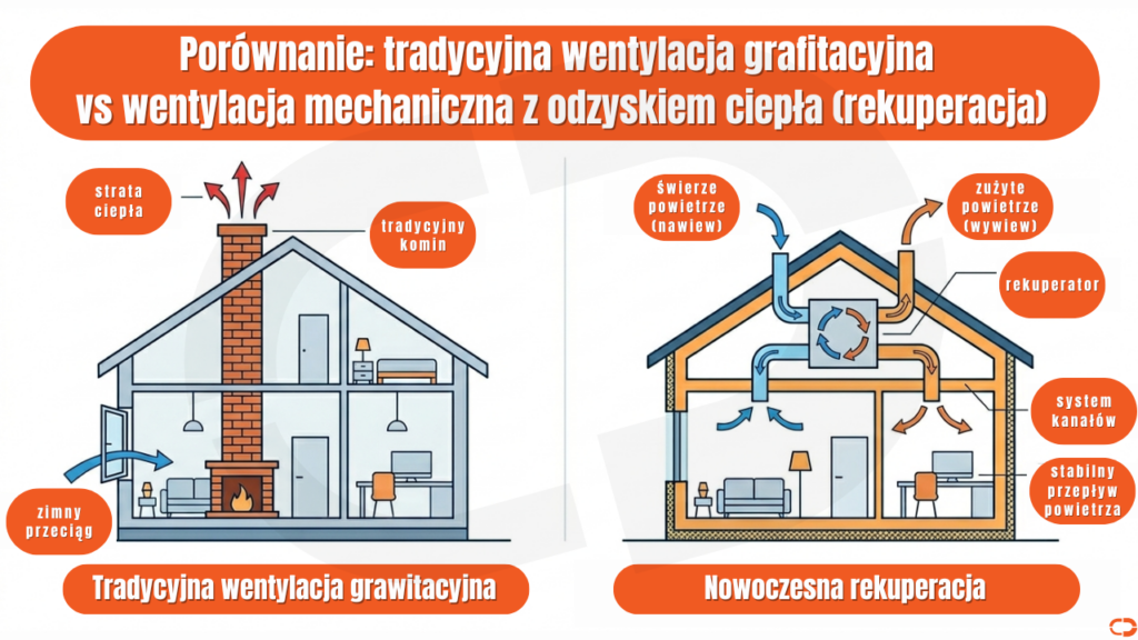 Infografika przedstawiająca różnice w działaniu wentylacji grawitacyjnej z utratą ciepła oraz nowoczesnej rekuperacji w domu.