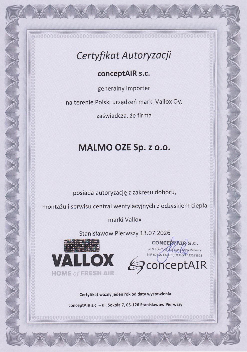 Certyfikat autoryzacji Vallox dla Malmo OZE, dobór, montaż i serwis central wentylacyjnych
