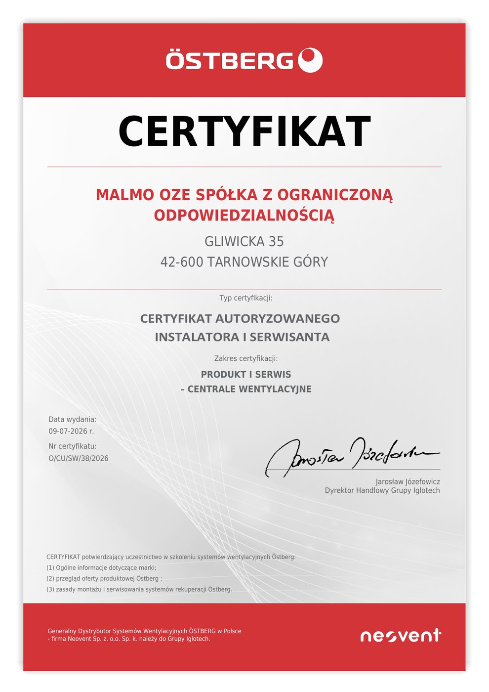 Certyfikat autoryzowanego instalatora i serwisanta central wentylacyjnych Östberg dla Malmo OZE