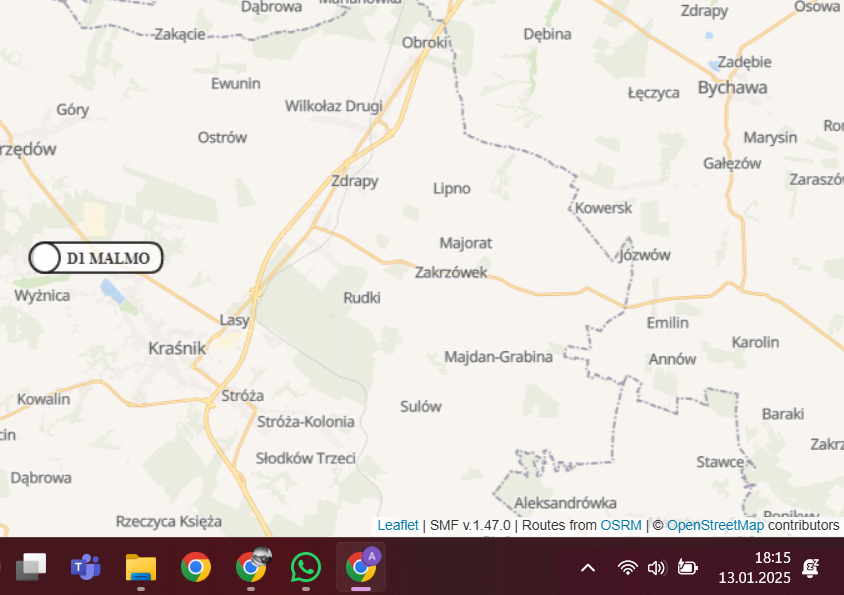 Mapa z nawigacji pokazująca odległość ekipy Malmo OZE od inwestycji w Jabłonnie