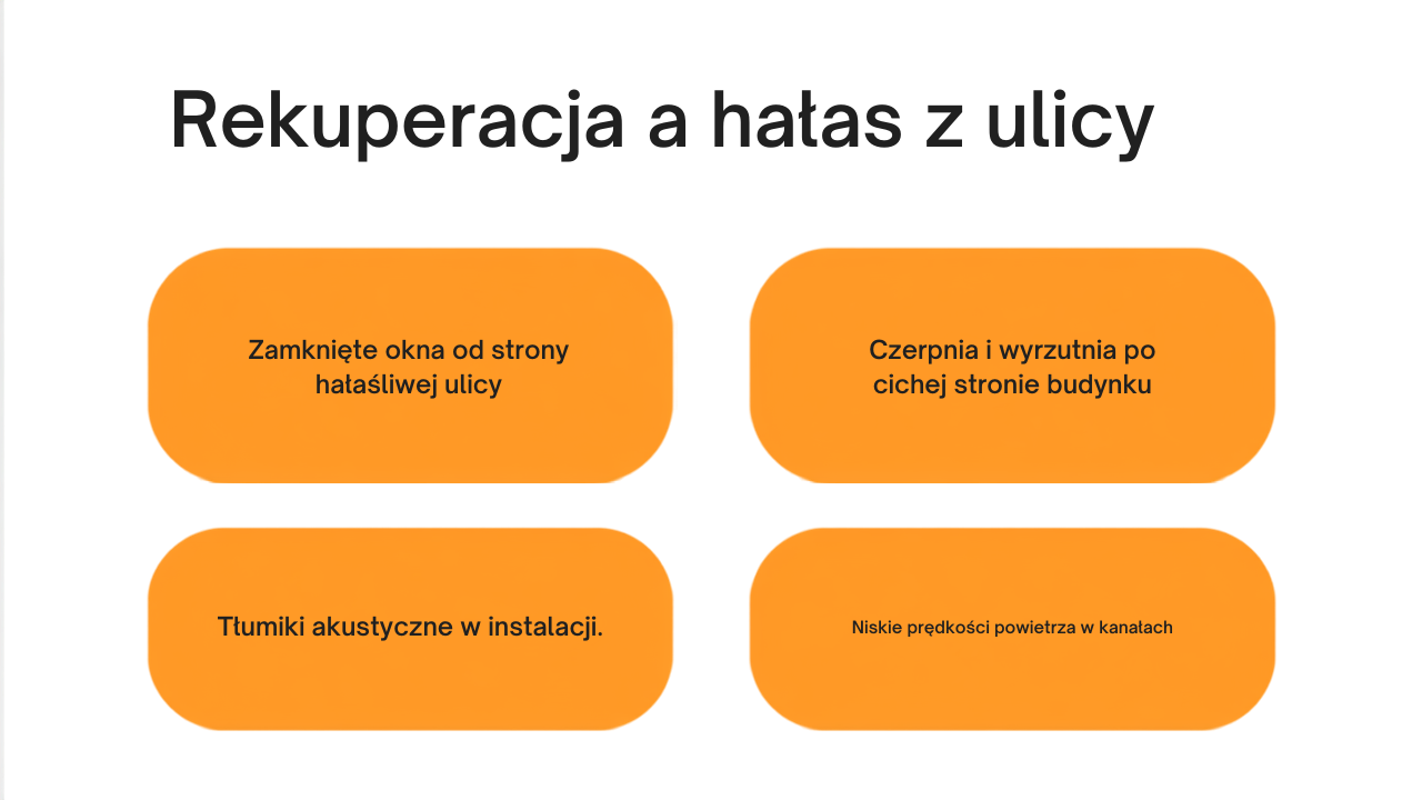 Cztery sposoby na halas z ulicy przy rekuperacji: zamkniete okna, czerpnia i wyrzutnia po cichej stronie, tlumiki akustyczne, niskie predkosci powietrza