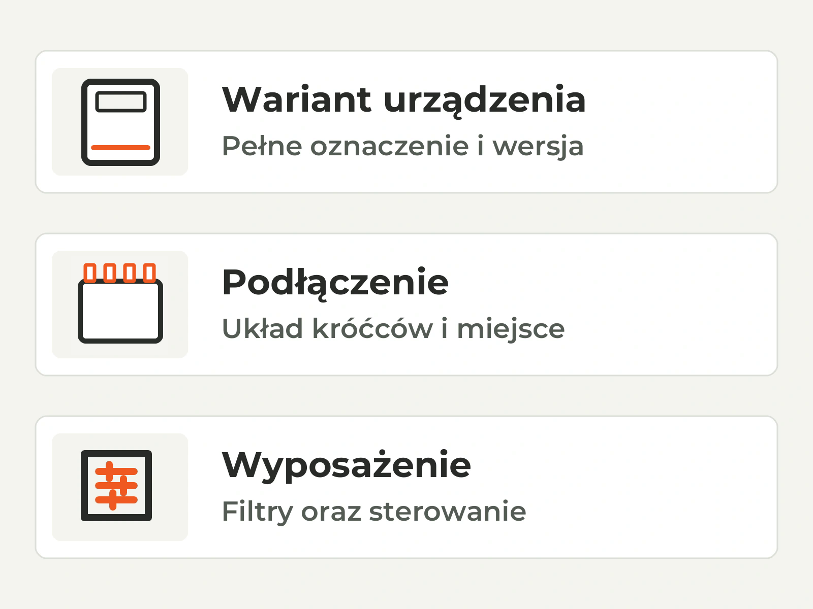 Trzy pola do sprawdzenia przed wyborem centrali: pełne oznaczenie wariantu, układ podłączenia i miejsce oraz filtry i sterowanie. Schemat ogólny, nie mapa modeli konkretnej marki.
