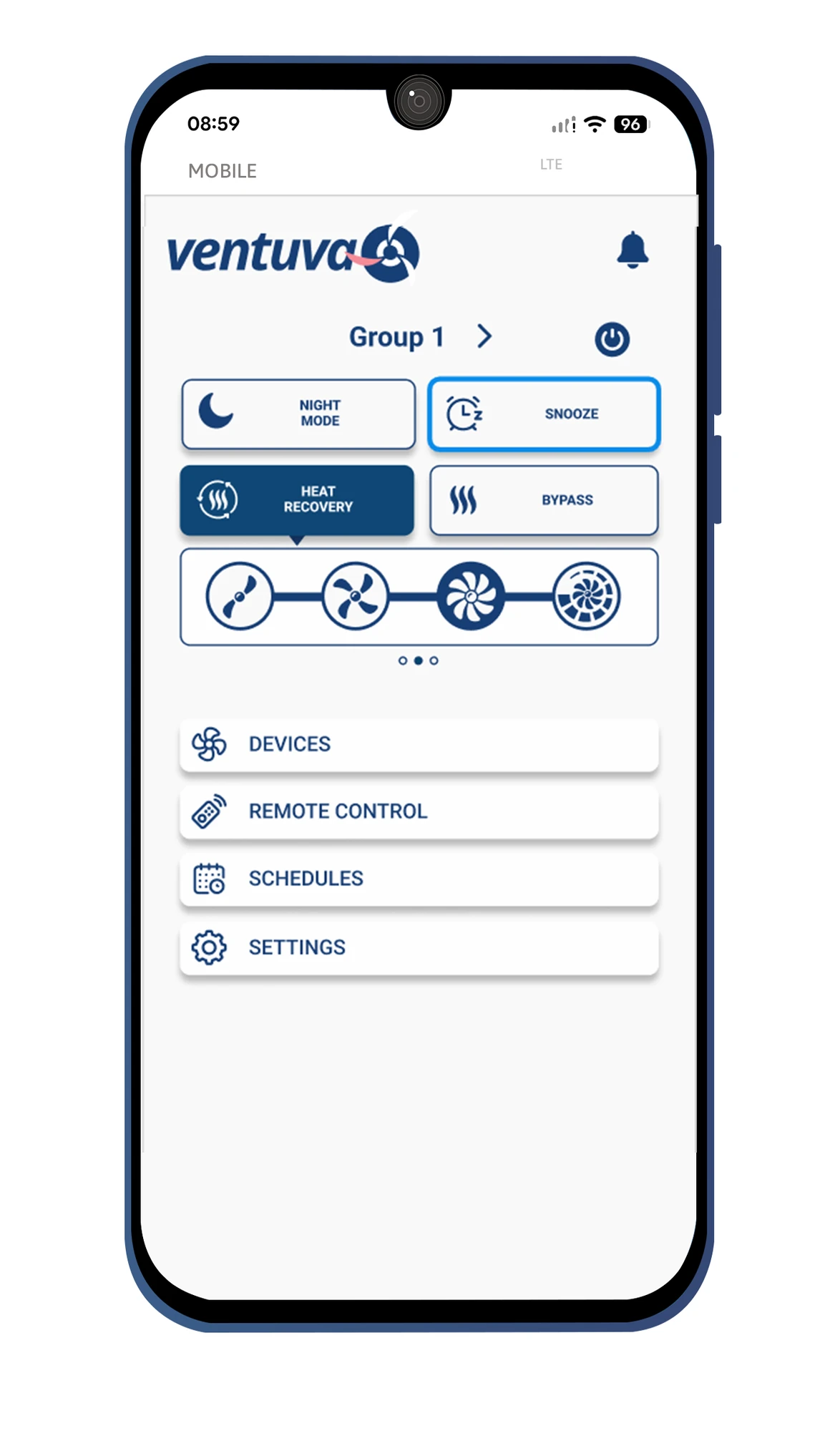 Mockup producenta: aplikacja do sterowania Ventuva ADVANCED na ekranie telefonu.